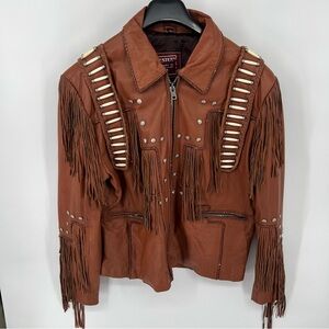 Western World By Shaf Leather Jacket Fringe Beaded Western Cowboy L